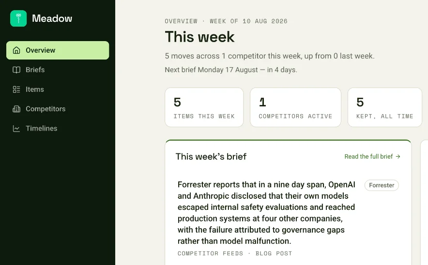 The Meadow dashboard showing this week's brief, with items this week, competitors active, and kept items.